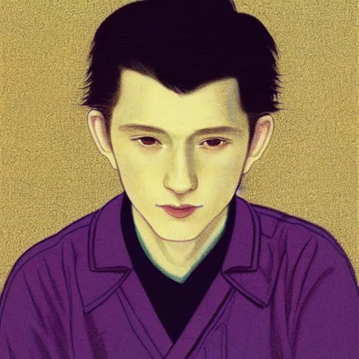 Image similar to “ tom holland portrait by ikenaga yasunari and ayana otake and ko rakusui, 6 0 s poster, drawing, realistic, sharp focus, japanese, dreamy, nostalgia, faded, golden hues, floral clothes ”