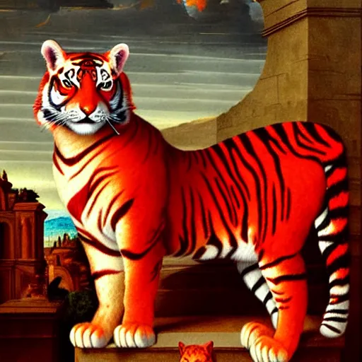 Image similar to a red tiger as the king of a kingdom sitting on his throne, digital art, renaissance painting, fantasy art, ultra detailed, as coherent as Dall-E 2