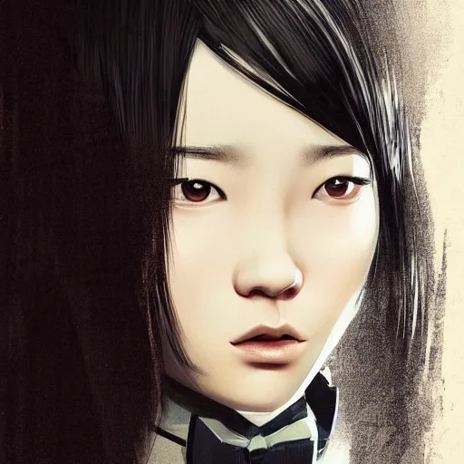 Image similar to portrait of a beautiful korean girl wearing a men's tuxedo, with bangs, very long hair and bangs, angular features, angry expression, dramatic lighting, illustration by Greg rutkowski, yoji shinkawa, 4k, digital art, concept art, trending on artstation