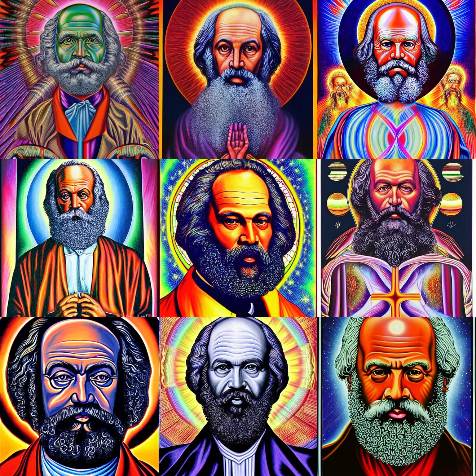 Image similar to karl Marx painting by alex grey in the style of cosmic christ by alex grey