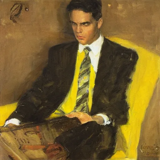 Prompt: manm in yellow room, black suit, dean cornwell style