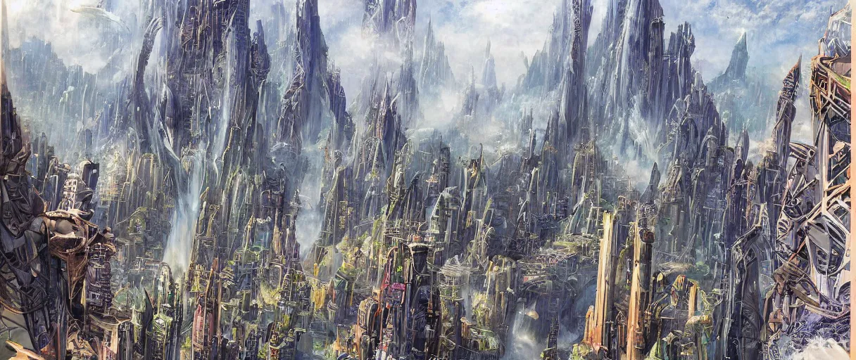 Prompt: A beautiful illustration of a futuristic city of towers and bridges built on an alien world of waterfalls by Robert McCall and Ralph McQuarrier | sparth:.2 | Time white:.2 | Rodney Matthews:.2 | Graphic Novel, Visual Novel, Colored Pencil, Comic Book:.6 | unreal engine:.3 | | viewed from below | establishing shot:.7