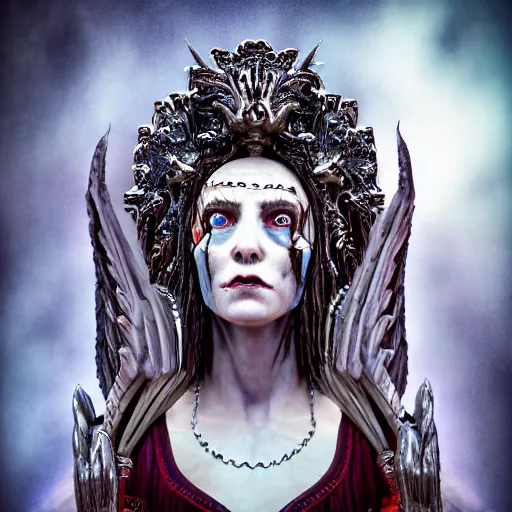 Image similar to cinestill 5 0 d candid photographic close - up - portrait, goddess of death, by anne stokes, photorealism, 8 k, rendered in blender, cgi, hyperdetailed