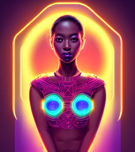 Image similar to symmetry!! asian princess of technology, solid cube of light, hard edges, product render retro - futuristic poster scifi, lasers and neon circuits, beautiful dark skin african princess, intricate, elegant, highly detailed, digital painting, artstation, concept art, smooth, sharp focus, illustration, dreamlike, art by artgerm