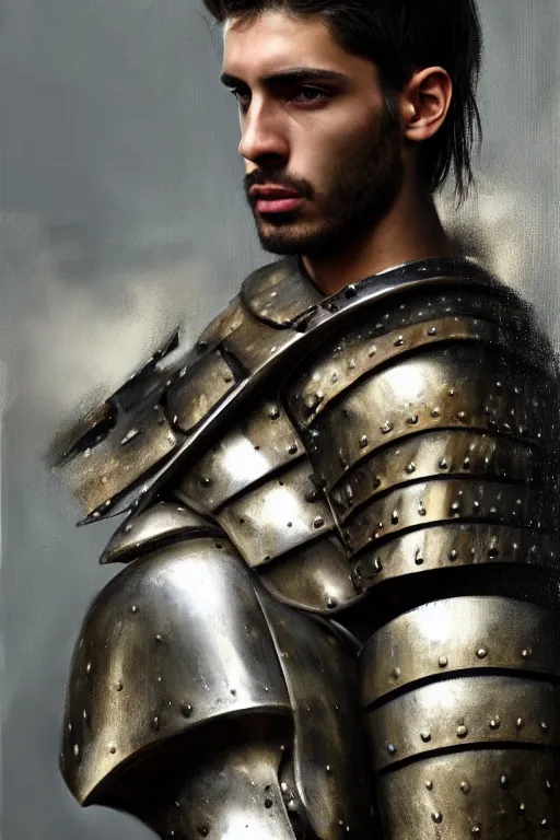 Prompt: a photorealistically painted portrait of a rugged young man, partially clothed in metal-plated battle armor, with an abstractly painted background, flawless olive skin, fair complexion, long dark hair, beautiful bone structure, perfectly symmetric facial features, perfect photorealistic eyes, natural physique, intricate, elegant, digital painting, concept art, finely detailed, beautifully illustrated, sharp focus, minimal artifacts, volumetric lighting, from DOOM and Halo, by Ruan Jia and Mandy Jurgens and Artgerm and William-Adolphe Bouguerea, in the style of Greg Rutkowski, trending on Artstation, award winning art