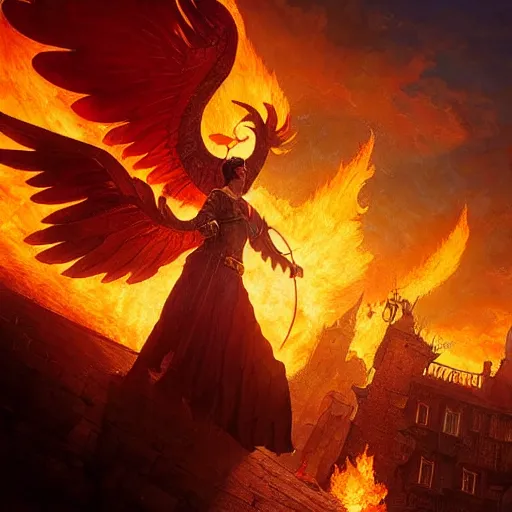 Image similar to Phoenix in fire flying through a medieval town by night, DnD character, unreal engine, octane render, dramatic lighting, pond, digital art, by Stanley Artgerm Lau, greg rutkowski, thomas kindkade, alphonse mucha, loish, norman Rockwell