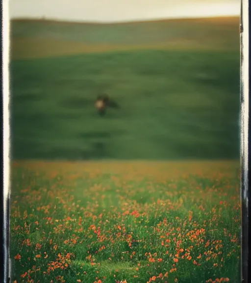 Image similar to mystical death god standing in tall meadow of flowers, distant, film photo, grainy, high detail, high resolution