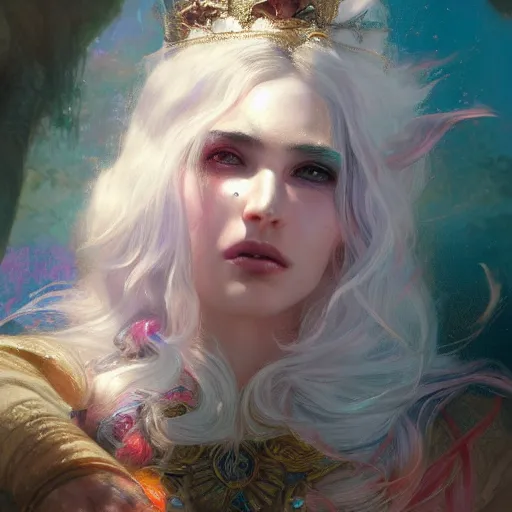 Prompt: god, non-binary, white hair, long hair, illustrated by Gaston Bussiere and Greg Rutkowski, beautiful dappled lighting, gorgeous volumetric lighting, a beautiful side-portrait image, inspirational artwork, intricate, brightly colored, vividly enhanced, trending on artstation