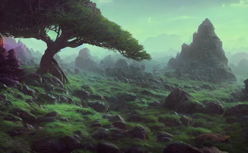 Prompt: elven tree in the rocky hills, Low level, rendered by Beeple, Makoto Shinkai, syd meade, simon stålenhag, synthwave style, digital art, unreal engine, WLOP, trending on artstation, 4K UHD image, octane render,