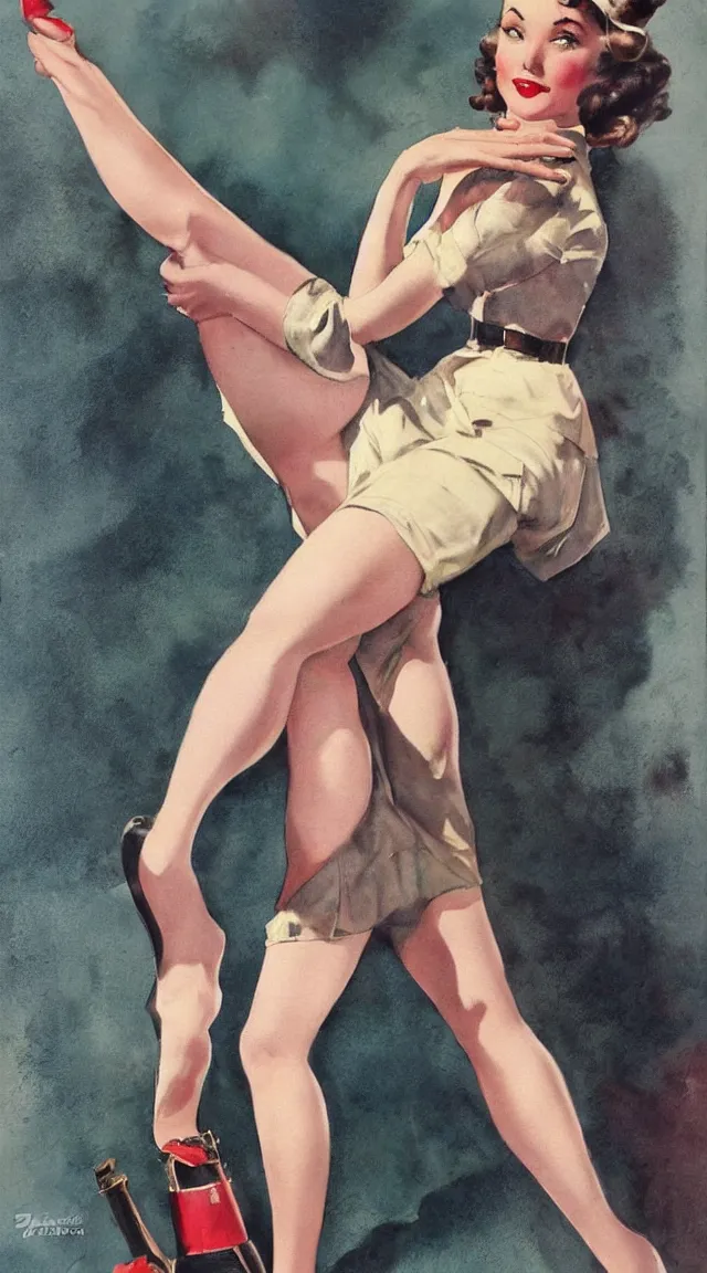 Prompt: a portrait one full body pin up post war dressing a military unioform,water color, Gil Elvgren style