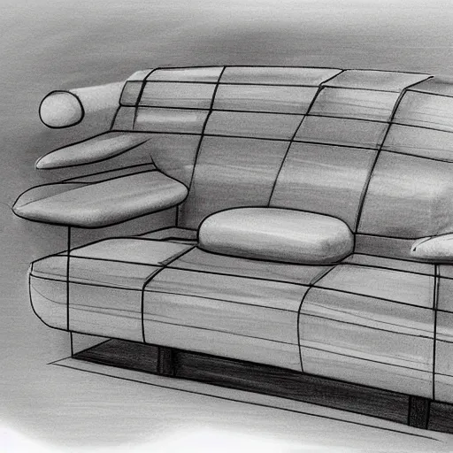 Image similar to detailed sketch, a prototype concept design of a sofa, commercial tv add, blade runner style,