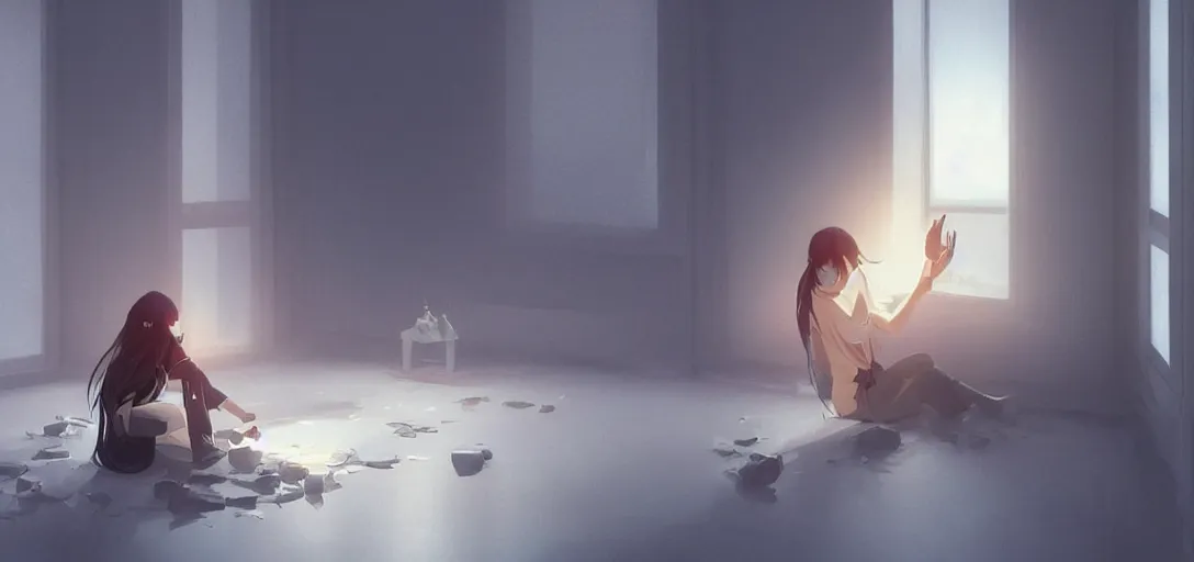 Image similar to Young Himalayan woman sitting concerned in an empty room with loneliness using psychic powers to make a lighter float| night time scene, plain walls |somber white eyes, long ashy hair | gentle lighting, futuristic, dim lighting, digital art by Makoto Shinkai ilya kuvshinov and Wojtek Fus, digital art, concept art,