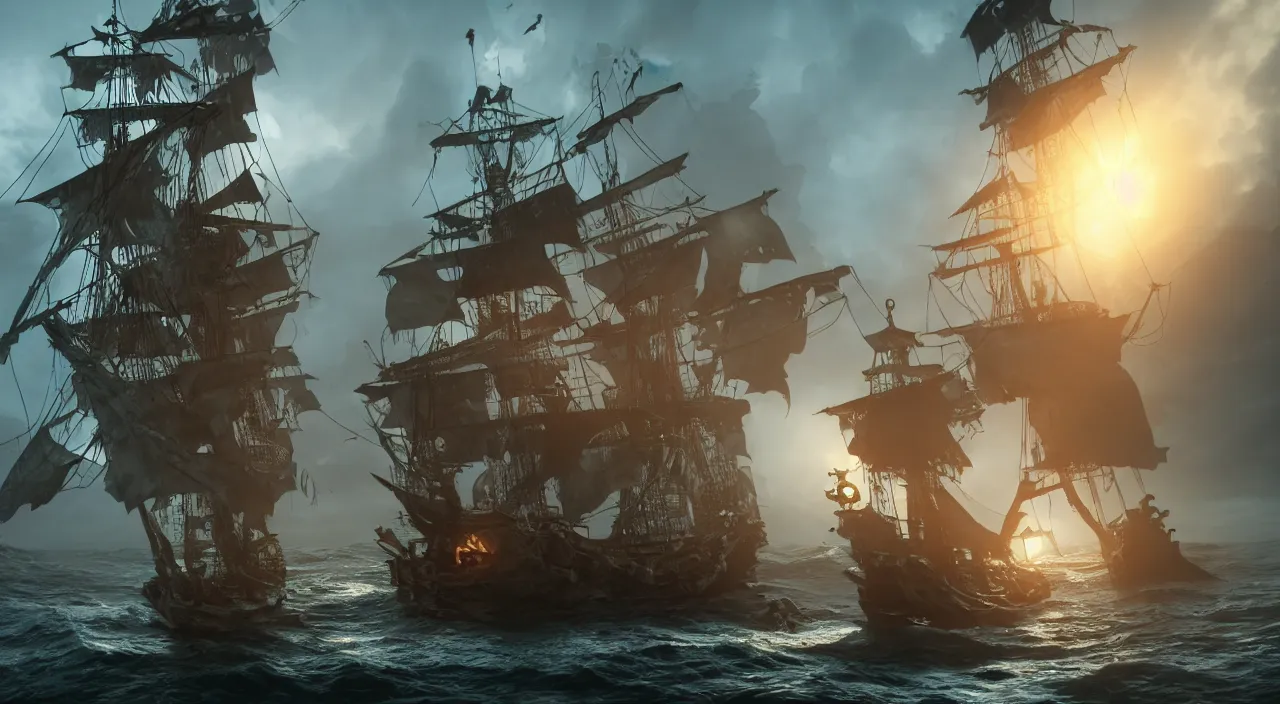 Image similar to ghost pirate ship with a pirate on the foreground, highly detailed, photorealistic portrait, bright studio setting, studio lighting, crisp quality and light reflections, unreal engine 5 quality render