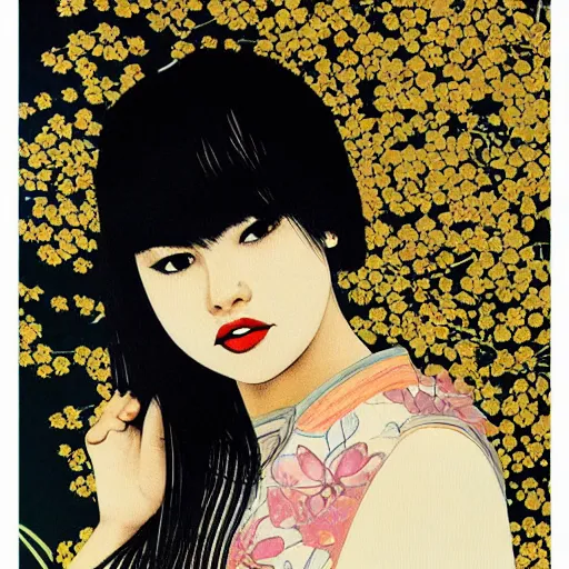 Image similar to “ selena gomez portrait by ikenaga yasunari and ayana otake and ko rakusui, 6 0 s poster, drawing, realistic, sharp focus, japanese, dreamy, nostalgia, faded, golden hues, floral clothes ”