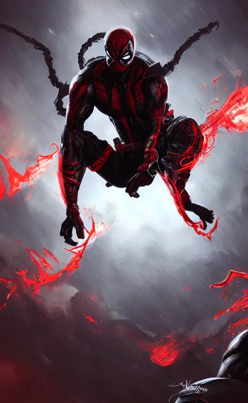 Prompt: venom as deadpool, dynamic lighting, photorealistic fantasy concept art, trending on art station, stunning visuals, terrifying, creative, cinematic