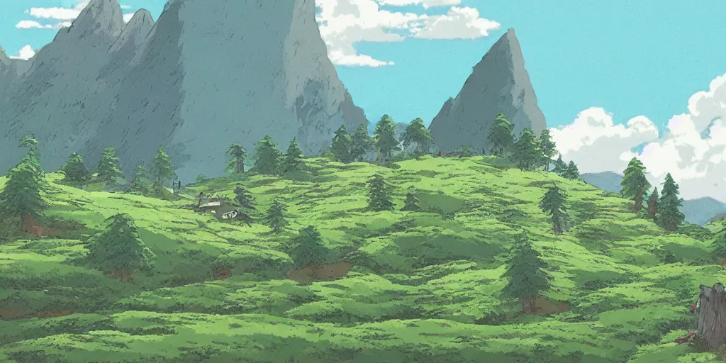 Prompt: a peaceful mountain overlooking a field, ultra detailed, studio ghibli