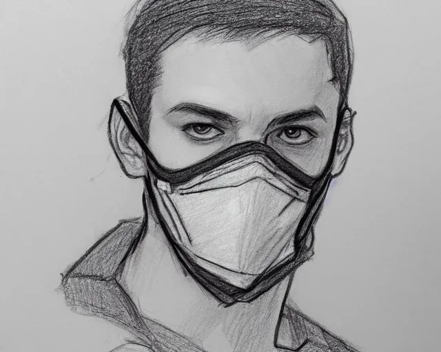 Image similar to draft drawing of a european young man covering face with fabric mask, draft sketch, trending on artstation, context art, pencil sketch, high detail