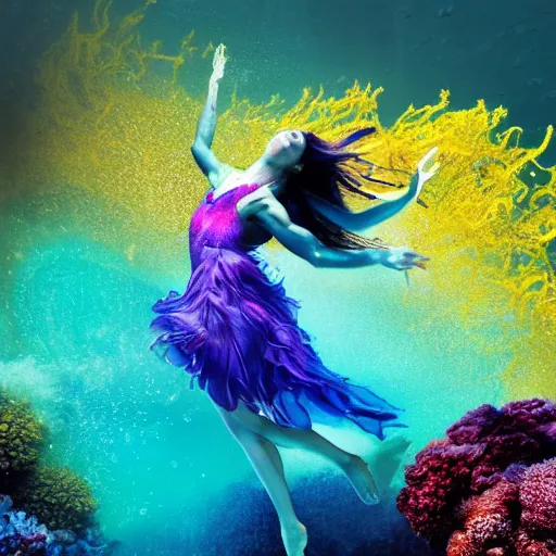 Image similar to woman dancing underwater wearing a flowing dress made of blue, magenta, and yellow seaweed, delicate coral sea bottom, swirling silver fish, swirling smoke shapes, octane render, caustics lighting from above, cinematic, hyperdetailed