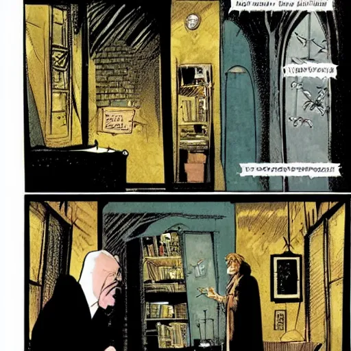 Image similar to comics Harry Potter talking to the Sandman in The Sandman comic, by Neil Gaiman, by Dave McKean, comics Sandman, small details, whole-length, clear faces