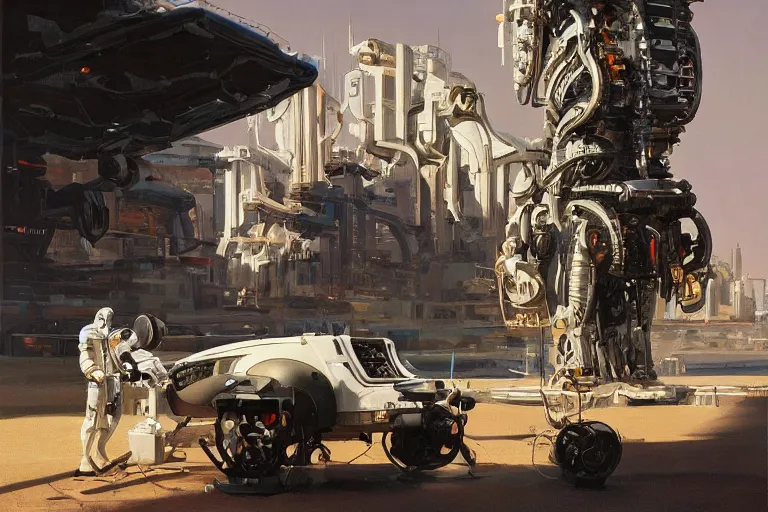 Image similar to natural landscape | robot repairing another robot, painting by syd mead, highly detailed, rule of third, soft lighting, 8 k resolution, oil on canvas, architectural magazine, beautiful detailed, insanely intricate details, artstation trending, hypermaximalistic, high details, cinematic