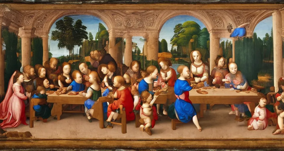 Image similar to a Renaissance painting in the style of Leonardo da Vinci of a symmetrical long table. A group of babies and toddlers are sitting at the table