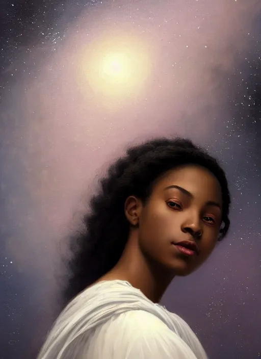 Image similar to oil painting close up portrait of a contemplative young black woman with long flowing hair in a white dress, with white roses, surrounded by colorful nebula stardust galaxies at sunset, hazy, digital art, chiaroscuro, artstation, cinematic, golden hour, concept art, digital art painting by greg rutkowski, william - adolphe bouguereau, hazy atmosphere, cinematic lighting