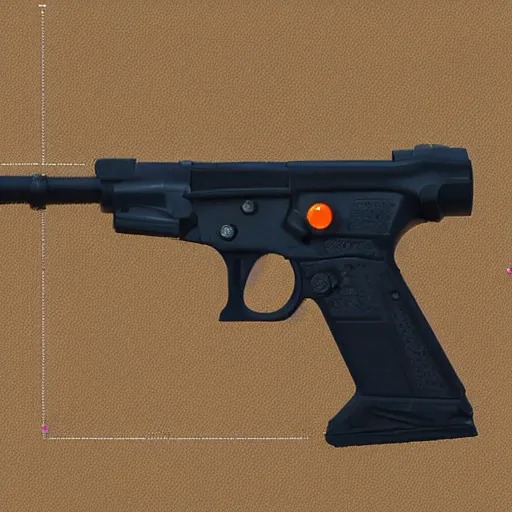 Image similar to highly detailed hand held rail gun, orange, white, black