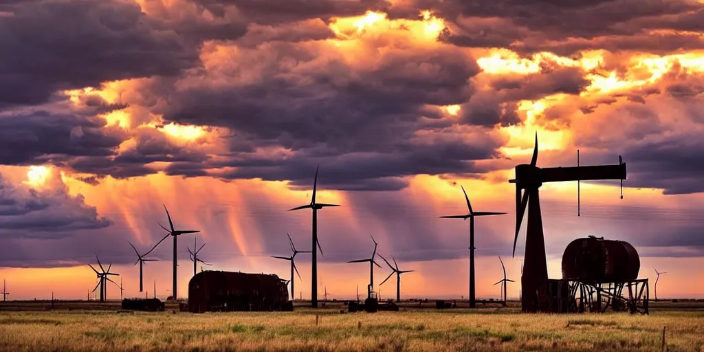 Prompt: photo of a stormy west texas sunset, perfect rustic pumpjack!, ( ( ( wind turbine ) ) ), abandoned train!!, horses!!!!!!, cows!!!!!!, high resolution lightning, golden hour, high detail, beautiful!!!