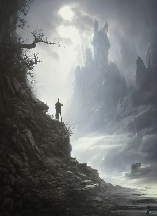 Prompt: A knight approaches the dragon's lair, ominous environment, stunning atmosphere, god light, light shafts, epic realm, in style of Ivan Shishkin and Greg Rutkowski