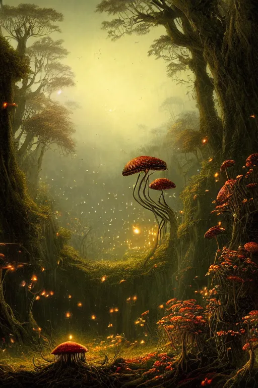 Image similar to a beautiful digital landscape painting of a detailed gothic fantasy fireflies and roots, dark mushroom, flowers by benoit b. mandelbrot, steven belledin, martin johnson heade, lee madgwick, caspar david friedrich, and david rios ferreira. 8 k resolution trending on artstation concept art digital illustration