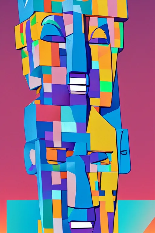 Image similar to cubist moai statue cutout digital illustration cartoon colorful beeple