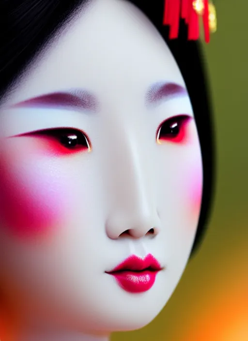 Image similar to Geisha extreme closeup photo portrait, beautiful pale makeup, pearlescent skin, elegant pose, very detailed, highly detailed kimono, photorealism, artstation, different point of view, sharp focus, photorealistic, soft diffuse autumn lights, some sunlight ray, dark room wall, canon 5D 50 mm lens, zen natural background