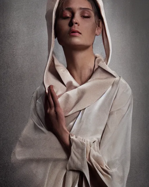 Prompt: professional head shot concept art of a beautiful fashion model wearing catholic spiritual clothes by reza nia, nick knight, amy judd, jil sander minimal elite style, posed, hyper realistic face, beautiful brown eyes, flushed cheeks, professional makeup, studio, studio lighting, medium format 8 0 mm lens, flat natural tones, sharp focus, 8 k, stunning matte painting