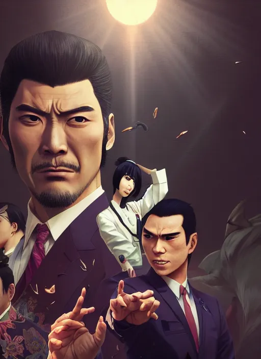 Image similar to highly detailed portrait of yakuza 0's kazuma kiryu, stephen bliss, unreal engine, greg rutkowski, loish, rhads, beeple, makoto shinkai and lois van baarle, ilya kuvshinov, rossdraws, tom bagshaw, alphonse mucha, global illumination, god rays, detailed and intricate environment