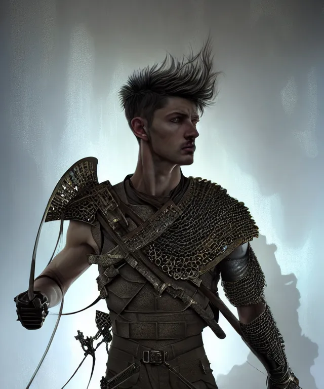 Image similar to hyperrealistic mixed media painting of a stoic male ranger, stunning 3d render inspired art by P. Craig Russell and Barry Windsor-Smith + perfect facial symmetry + dim volumetric lighting, dark studded leather tunic, head and shoulders, d&d, 8k octane beautifully detailed render, post-processing, extremely hyperdetailed, intricate, epic composition, grim yet sparkling atmosphere, cinematic lighting + masterpiece, trending on artstation, very very detailed, masterpiece, stunning