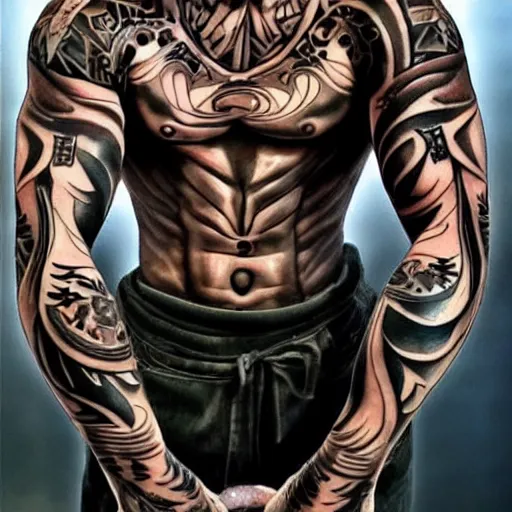 Image similar to muscular bald man, tattooed body, sword in hands, HD, anime style,