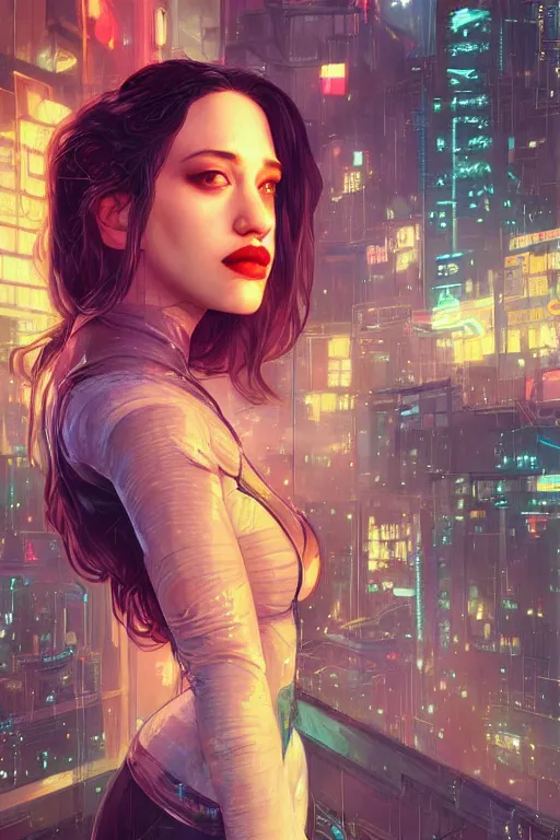 Image similar to portrait futuristic Kat Dennings, in future cyberpunk tokyo rooftop , sci-fi, fantasy, intricate, very very beautiful, elegant, neon light, highly detailed, digital painting, artstation, concept art, smooth, sharp focus, illustration, art by tian zi and WLOP and alphonse mucha