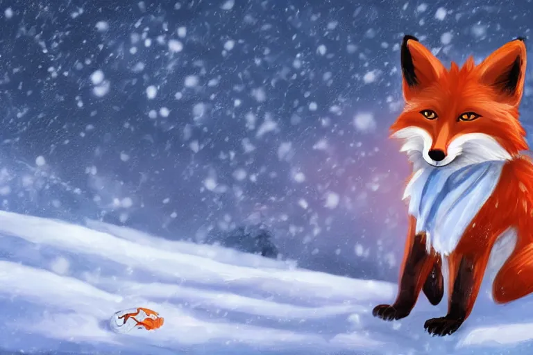 Image similar to an anthropomorphic fox with a fluffy tail wearing a scarf playing in the snow, backlighting, trending on pixiv, digital art, furry art, trending on furaffinity