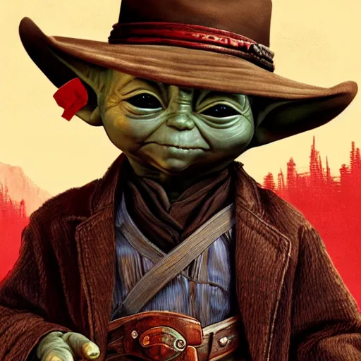 Prompt: Baby Yoda as a cowboy in Red Dead Redemption 2, intricate, highly detailed, digital painting, artstation, concept art, sharp focus, illustration, art by greg rutkowski and alphonse mucha