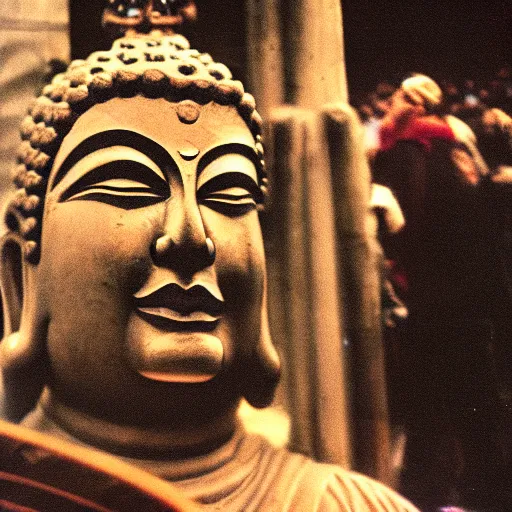Prompt: frowning buddah at a 1988 grateful dead concert, hyperrealism candid 35mm grainy film photography
