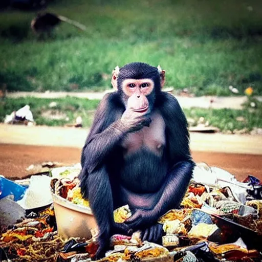 Prompt: “ a monkey with hair like Trump sitting on a pile of garbage eating a hamburger”