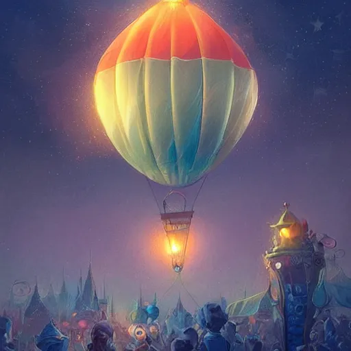 Prompt: a beautiful stunning fantasy whimsical matte digital illustration of a hot - air balloon race at night by marc simonetti, pastel color palette, disney steampunk, chiaroscuro magical bokeh moon stars, trending on artstation hq, masterpiece