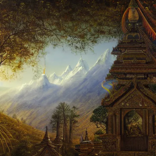 Prompt: a beautiful and highly detailed oil painting of an nepali temple in the kathmandu valley, detailed high buildings and rockets, forgotten valley, swirling mist, lush forests, intricate details, epic scale, insanely complex, 8 k, sharp focus, hyper realism, fantasy landscape, psychedelic, by caspar friedrich,