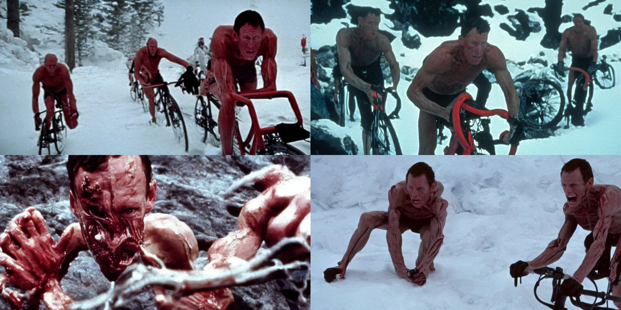 Prompt: lance armstrong bicycle body horror in the thing ( 1 9 8 2 ) directed by john carpenter, limb mutations, swollen veins, red flesh strings, antarctica, snow, flamethrower, cinestill 8 0 0 t, 1 9 8 0 s movie still, film grain