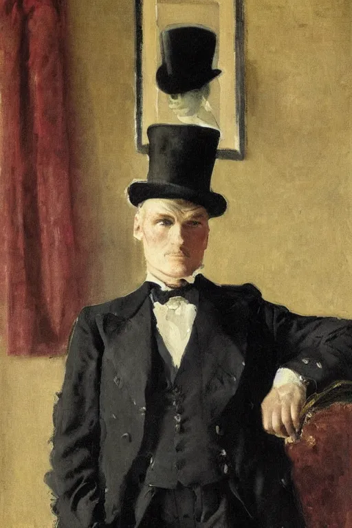 Image similar to portrait of dolph lundgren as a gentleman wearing an edwardian suit and top hat by walter sickert, john singer sargent, and william open