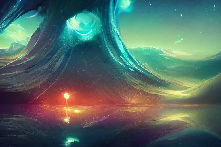 Prompt: glitched fantasy painting, the night sky is an upside down ocean, digital rectangular vhs glitches, digital noise, the stars are fish in the depths, the night sky is a sea, distant nebula are glowing algae, the moon is an anglerfish by jessica rossier