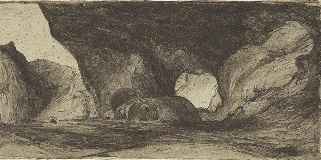 Prompt: an illustration of a cave in a sketchbook, 18th century, landscape