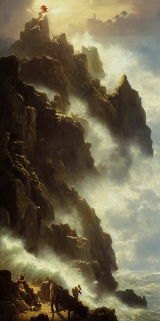 Image similar to a big cliff at the middle of the day in 1 9 4 0, stormy sea, a only men stand up at the edge of the precipice, steam punk, mystical yellow fog, oil on canvas, art by andreas achenbach, clemens ascher, tom bagshaw and sabbas apterus,