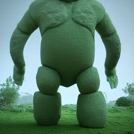 Image similar to a giant friendly golem made out of stone in a fantasy world, the golem body is full of algae,award winning photography, Cinema 4d render , HDR, studio lighting, dynamic pose, long shot, shot on Canon EOS R5, f/2.5,