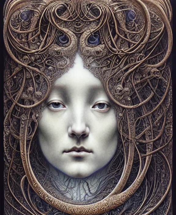 Image similar to detailed realistic beautiful moon goddess face portrait by jean delville, gustave dore, iris van herpen and marco mazzoni, art forms of nature by ernst haeckel, art nouveau, symbolist, visionary, gothic, neo - gothic, pre - raphaelite, fractal lace, intricate alien botanicals, ai biodiversity, surreality, hyperdetailed ultrasharp octane render